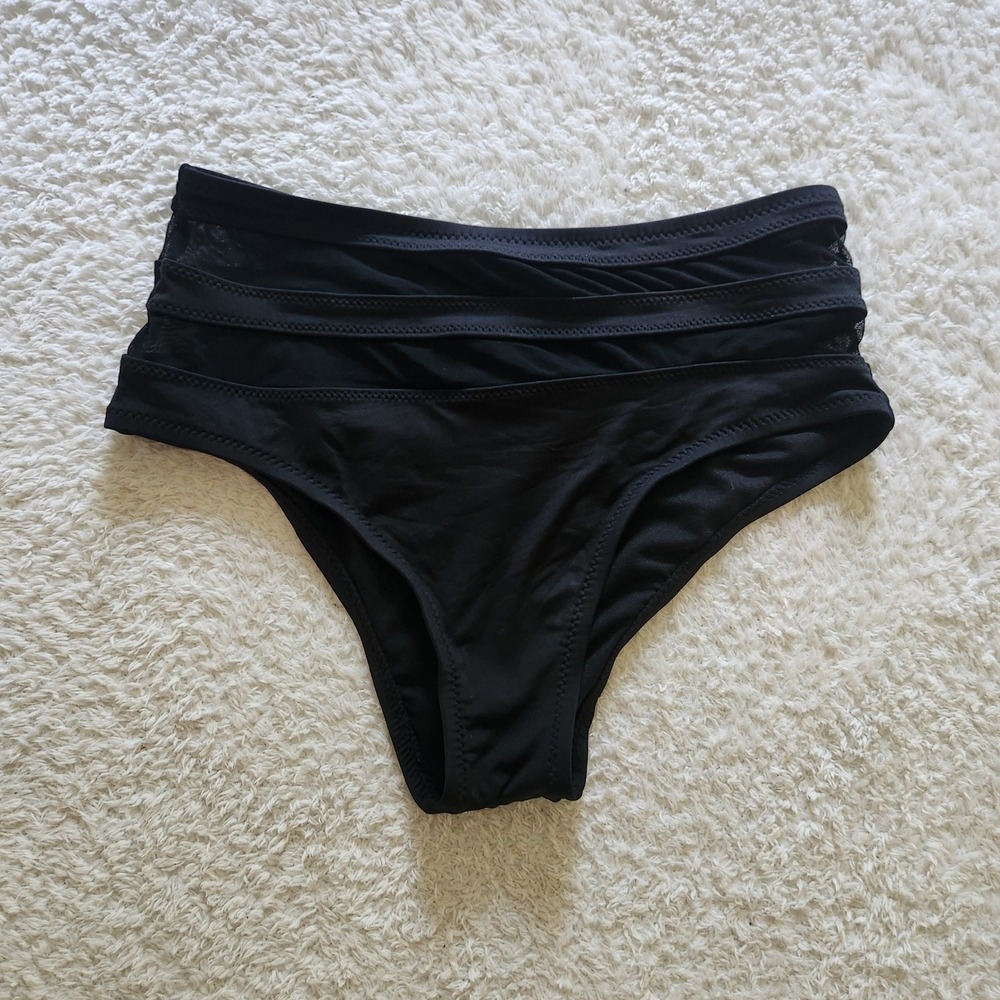 Shade & Shore Womens Black High Waist Mesh Panel Strappy Bikini Bottoms Size M